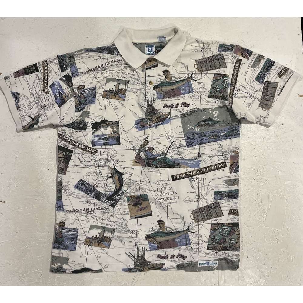Hook & Tackle Polo Shirt Vintage Fish All Over Print‎ Fisherman Mens XL Deep Sea